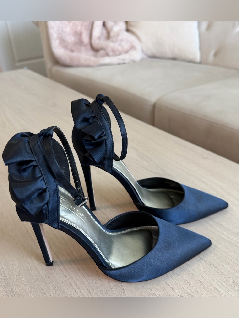 ASOS Navy Satin Pointed-Toe Ankle-Strap Heels with Ruffle Detail - Picture 2 of 8